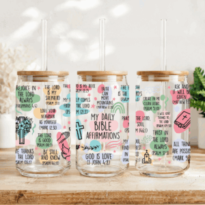 Bible Affirmations 16 oz Glass Tumbler with Lid and Straw