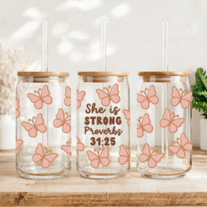 She Is Strong 16 oz Glass Tumbler with Lid and Straw